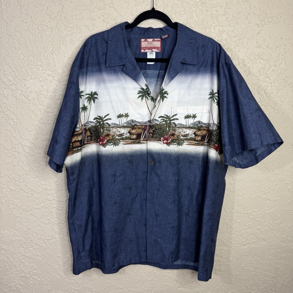 RJC Hawaiian Shirt 2XL Made in Hawaii Surf Palms Aloha Tropical Tiki Beach‎ Luau